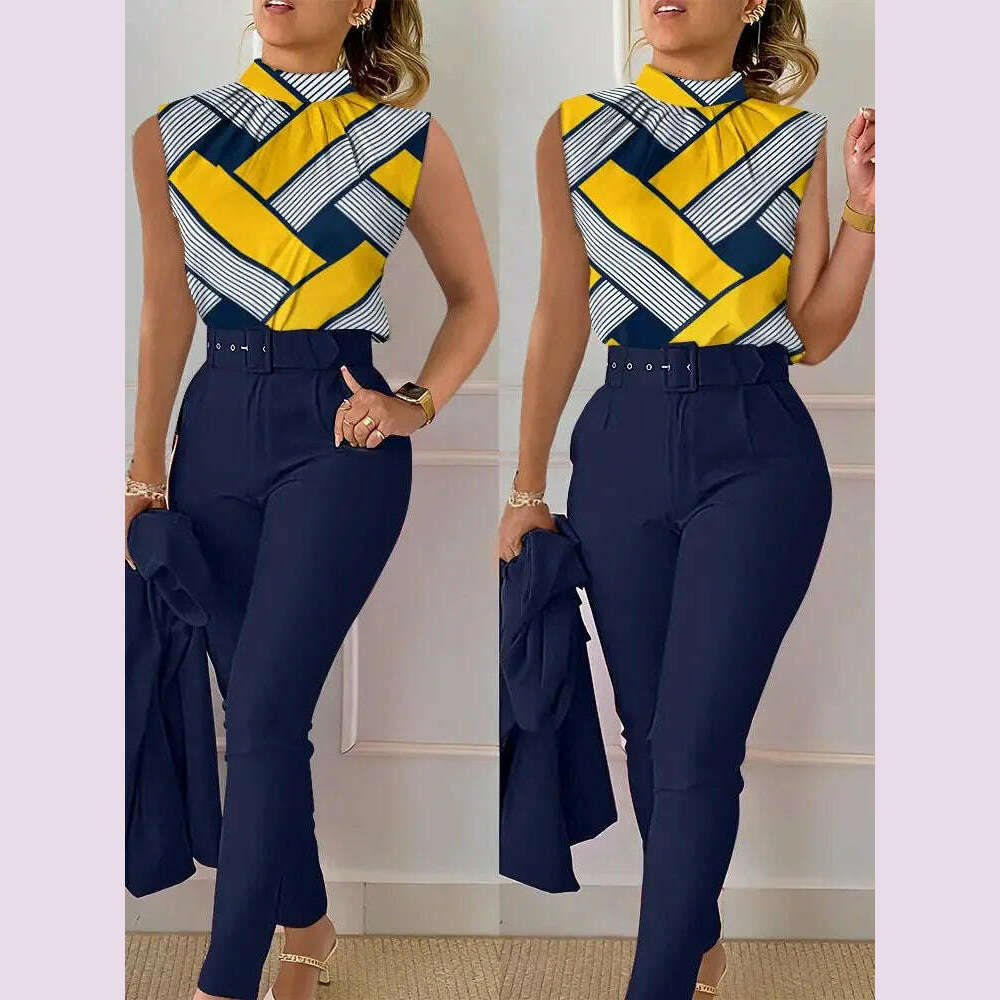 Elegant Women's Two Piece Set Suits Fashion Printed Sleevelss Top black Pants Set With Belt Blouses 2 Piece Set Female Clothing - KIMLUD