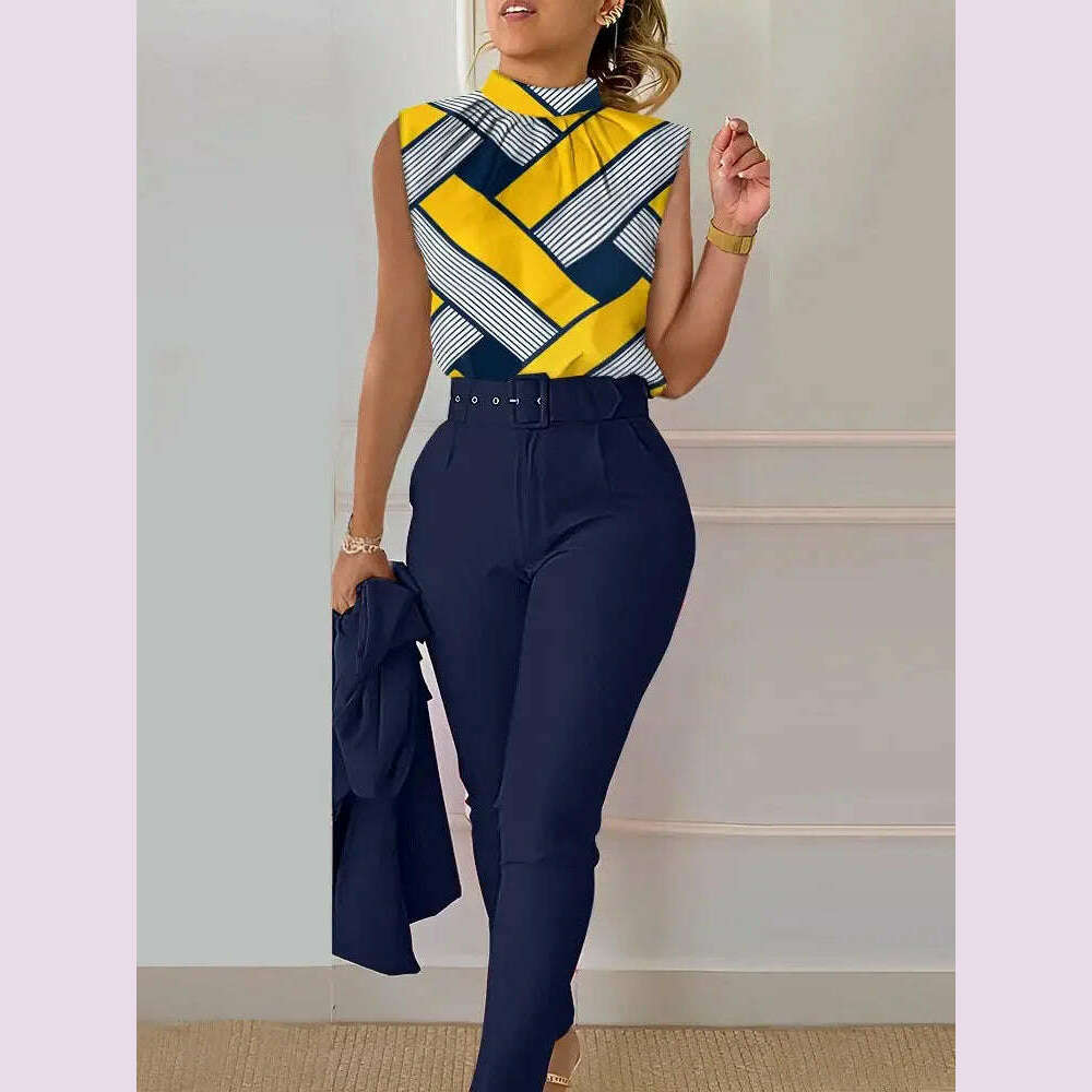 Elegant Women's Two Piece Set Suits Fashion Printed Sleevelss Top black Pants Set With Belt Blouses 2 Piece Set Female Clothing - KIMLUD