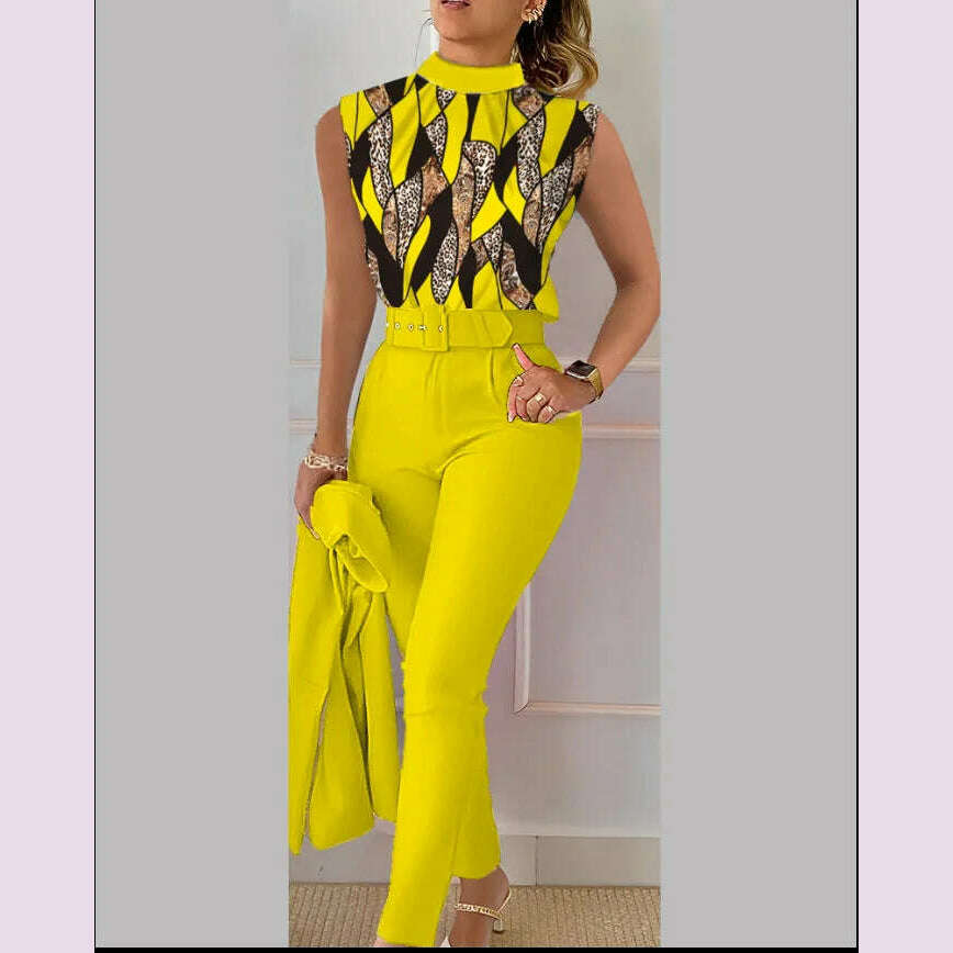 Elegant Women's Two Piece Set Suits Fashion Printed Sleevelss Top black Pants Set With Belt Blouses 2 Piece Set Female Clothing - KIMLUD