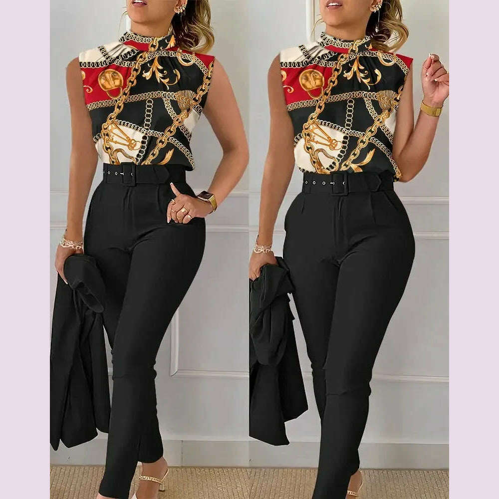 Elegant Women's Two Piece Set Suits Fashion Printed Sleevelss Top black Pants Set With Belt Blouses 2 Piece Set Female Clothing - KIMLUD