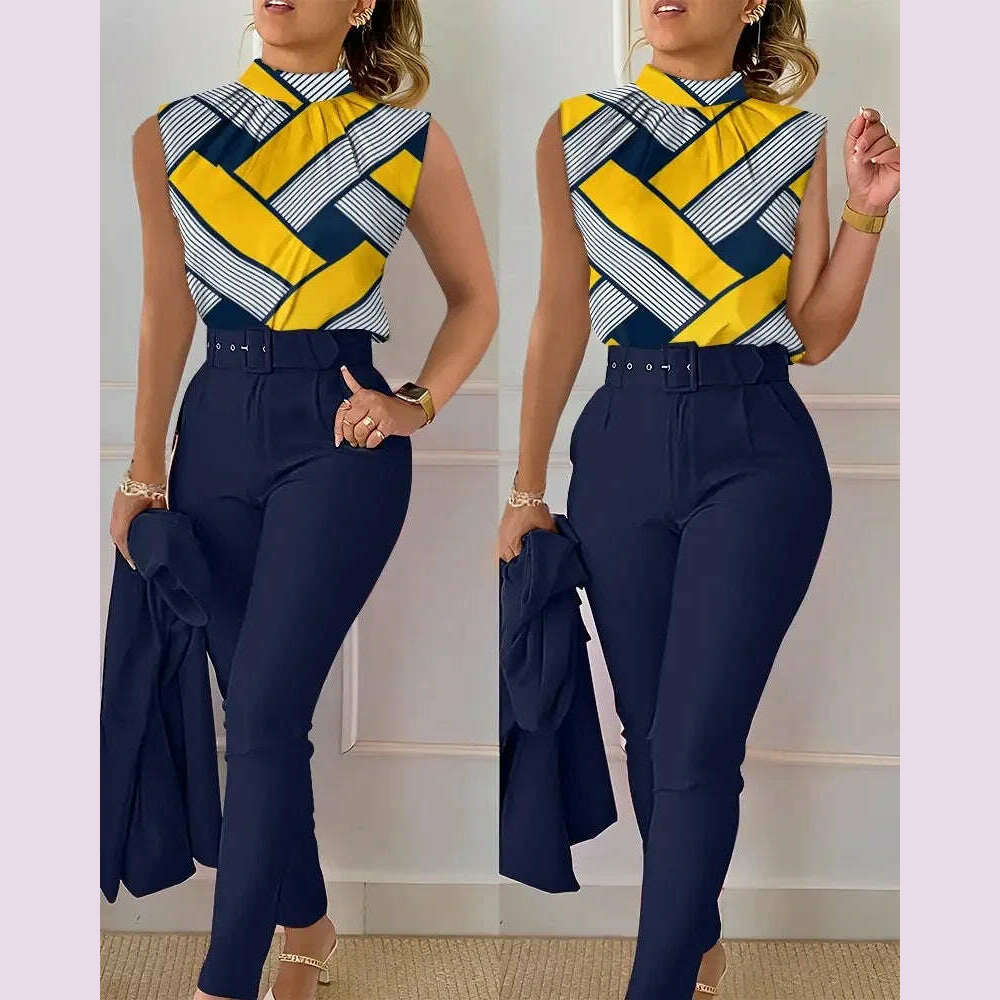 Elegant Women's Two Piece Set Suits Fashion Printed Sleevelss Top black Pants Set With Belt Blouses 2 Piece Set Female Clothing - KIMLUD