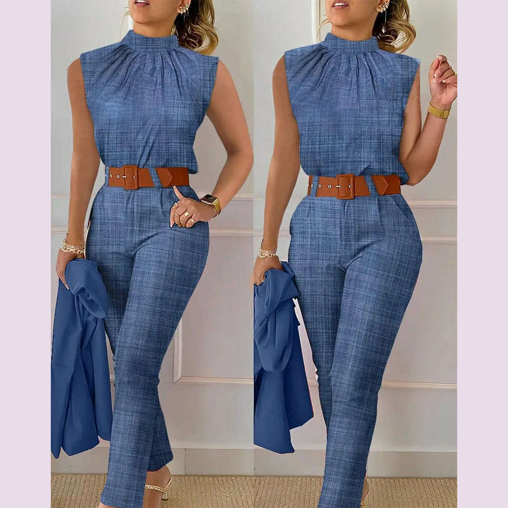 Elegant Women's Two Piece Set Suits Fashion Printed Sleevelss Top black Pants Set With Belt Blouses 2 Piece Set Female Clothing - KIMLUD