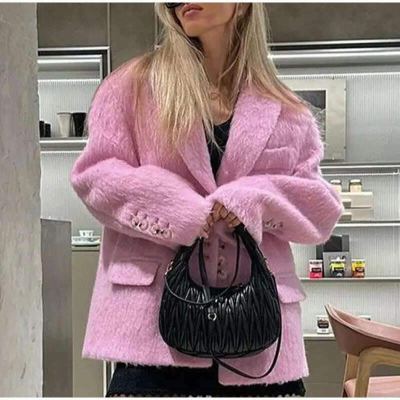KIMLUD, Elegant Woolen Coat Women Pink Turndown Collar Long Sleeve Single Breasted Loose Coats Female 2023 Fashion Winter Lady Overcoat, KIMLUD Womens Clothes