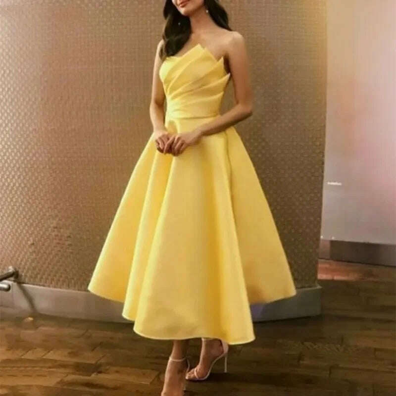 KIMLUD, Elegant Yellow Short Strapless Prom Dresses 2024 A Line Tea Length Pleats Satin Party Evening Gowns Robe De Soirée فساتين السهرة, As Pics / CHINA / 2, KIMLUD Womens Clothes