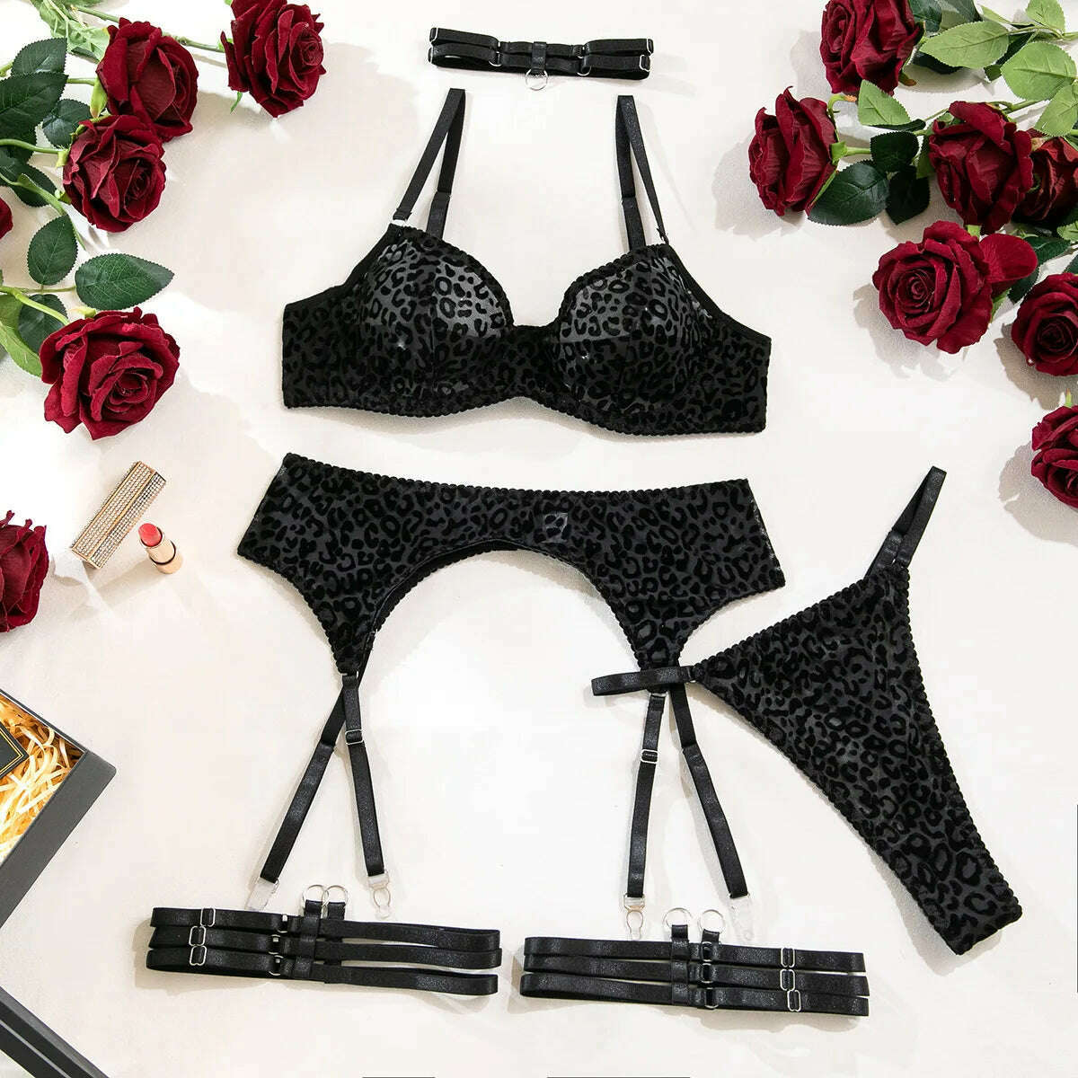 KIMLUD, Ellolace Leopard Sexy Lingеrie Set Transparent Push Up Brazilian Underwear Without Censorship Ensemble 6-Piece Onlyfans Kit, Black / L, KIMLUD APPAREL - Womens Clothes