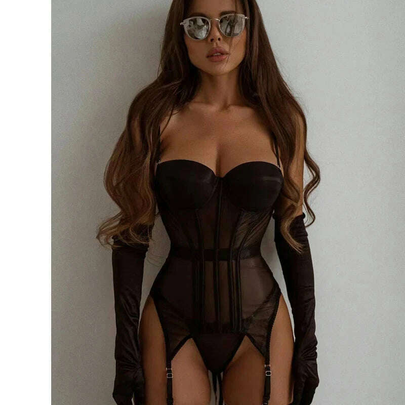 KIMLUD, Ellolace Lingerie Corset Outfits 4-Piece Seamless Sexy Porn Underwear Uncensored Sheer Lace Sissy Erotic Set Black Intimate, KIMLUD Womens Clothes