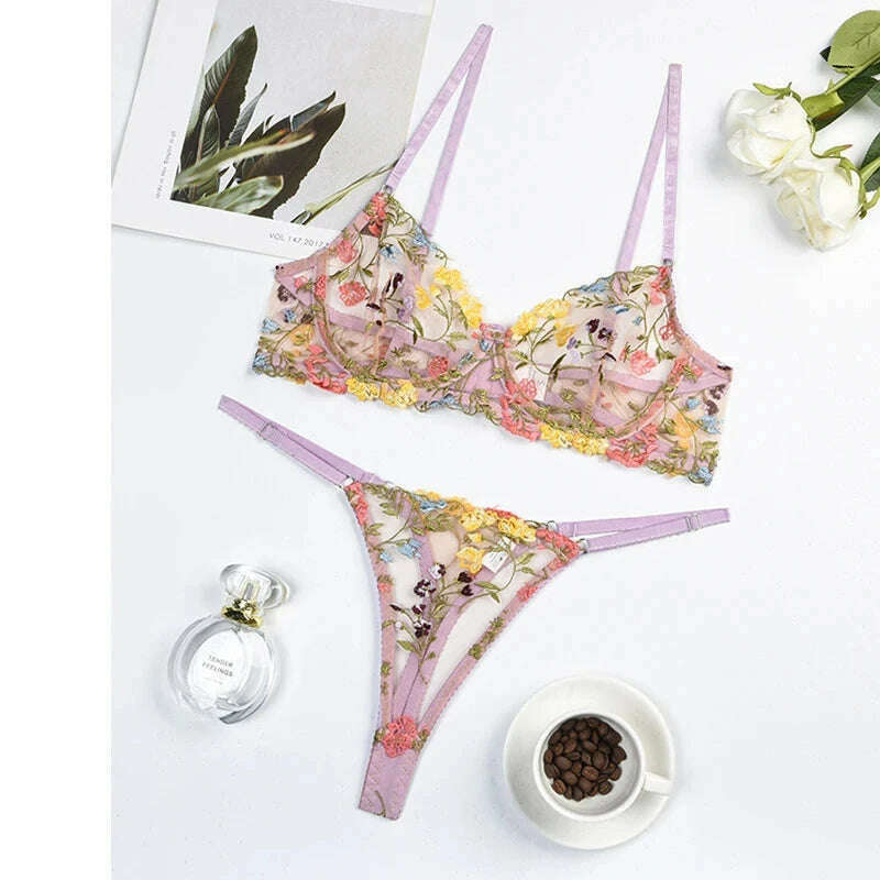 KIMLUD, Ellolace Sexy Lingerie Fancy Lace Set Woman 2 Pieces Transparent Women's Underwear Embroidery Erotic Beautiful Bra And Panty Set, Purple / M, KIMLUD APPAREL - Womens Clothes