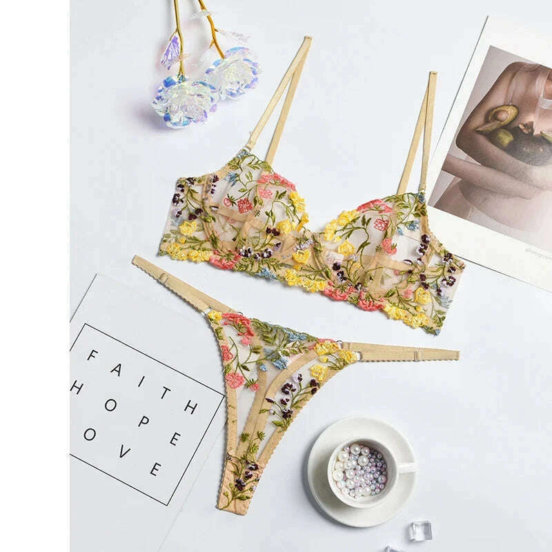 KIMLUD, Ellolace Sexy Lingerie Fancy Lace Set Woman 2 Pieces Transparent Women's Underwear Embroidery Erotic Beautiful Bra And Panty Set, Khaki / S, KIMLUD APPAREL - Womens Clothes