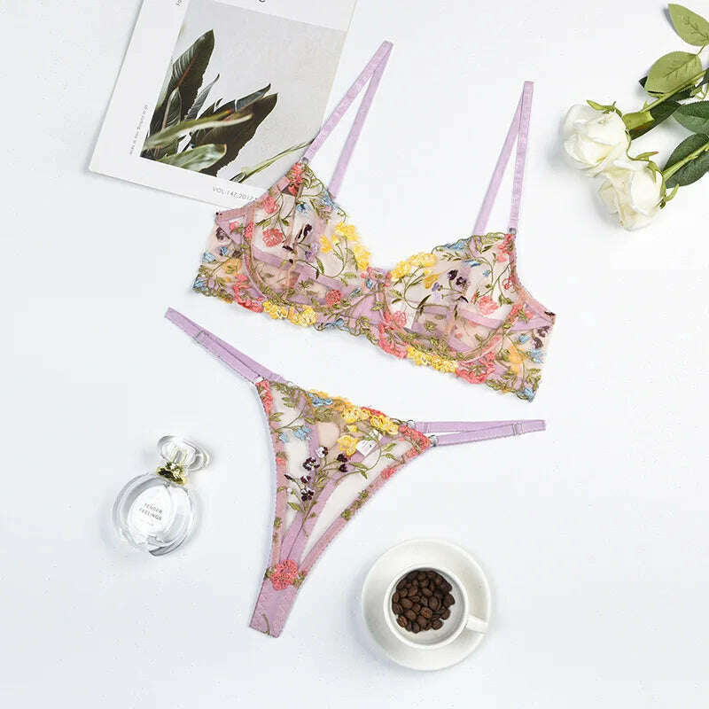 KIMLUD, Ellolace Sexy Lingerie Fancy Lace Set Woman 2 Pieces Transparent Women's Underwear Embroidery Erotic Beautiful Bra And Panty Set, KIMLUD Womens Clothes