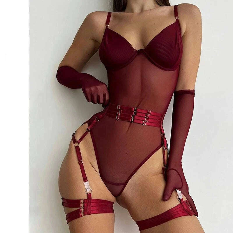 Ellolace Tight Fitting Lace Bodysuit Sexy See Through Body With Gloves Garter Night Club Outfit Sissy Crotchless Mesh Top - KIMLUD