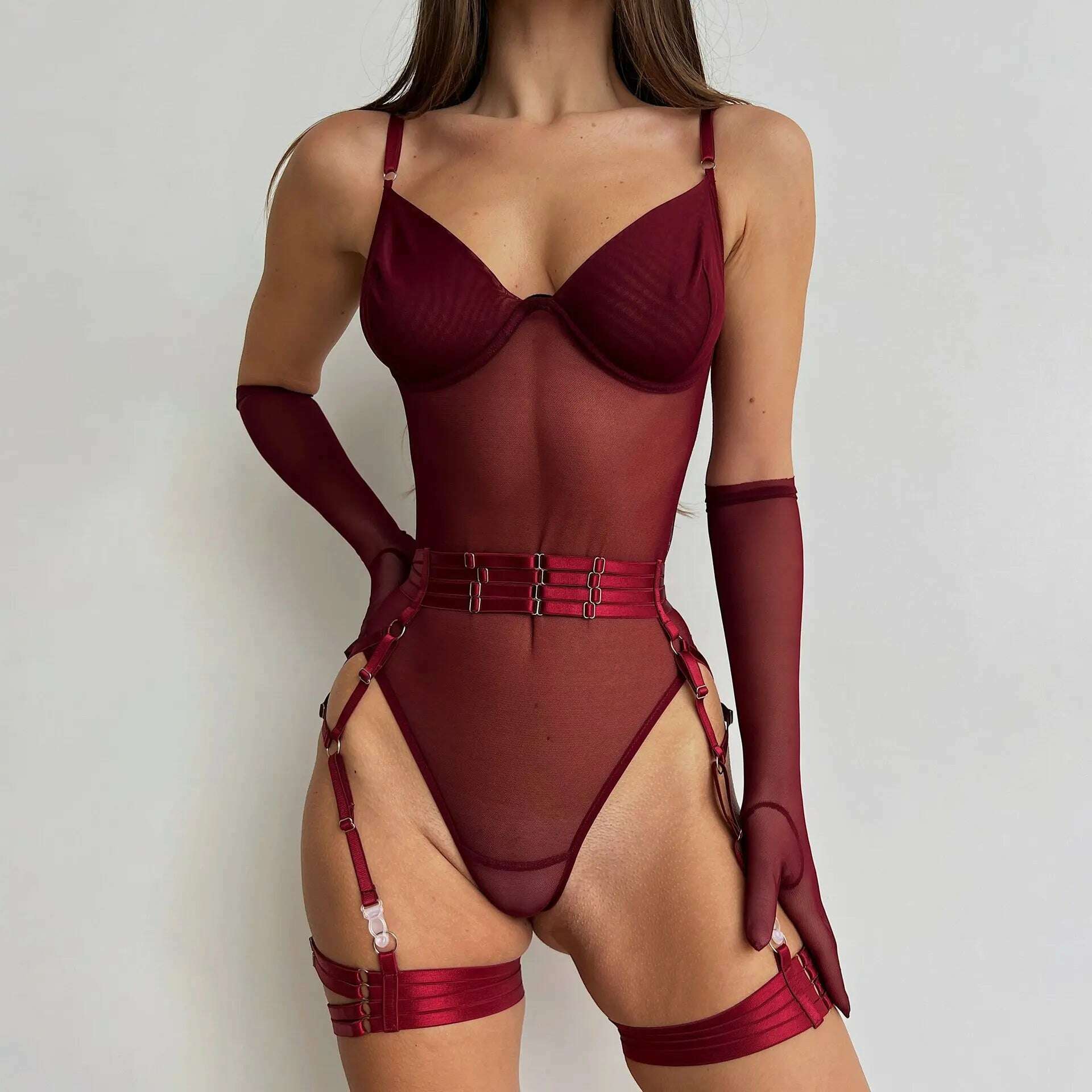 Ellolace Tight Fitting Lace Bodysuit Sexy See Through Body With Gloves Garter Night Club Outfit Sissy Crotchless Mesh Top - KIMLUD