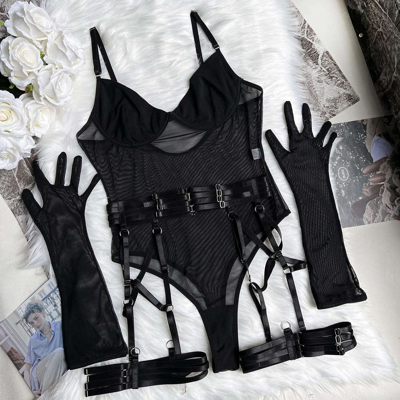 KIMLUD, Ellolace Tight Fitting Lace Bodysuit Sexy See Through Body With Gloves Garter Night Club Outfit Sissy Crotchless Mesh Top, Black / S, KIMLUD Womens Clothes