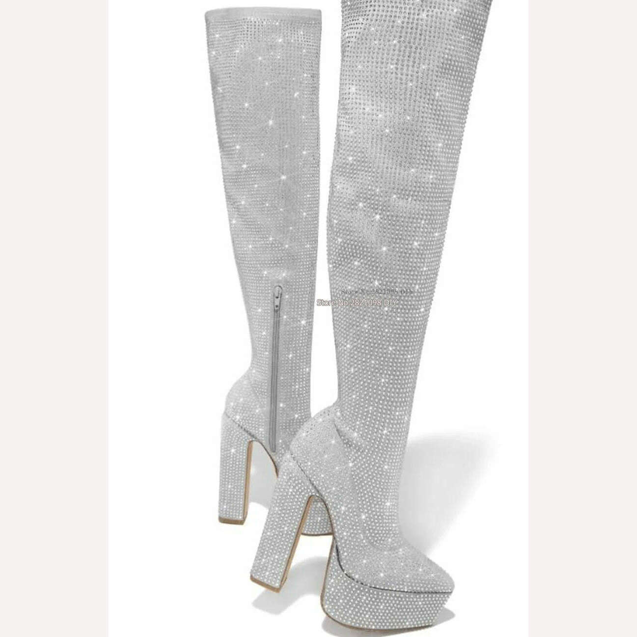 Embellished Silver Crystal Thick Platform Block Heeled Over The Knee Boots Women Lightly Padded Thigh High Long Boot - KIMLUD
