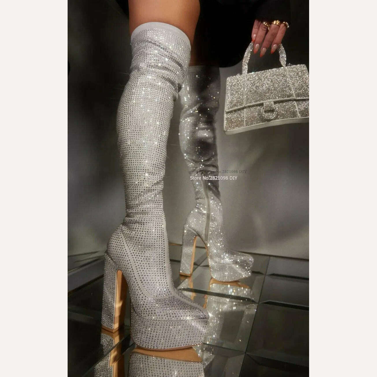 Embellished Silver Crystal Thick Platform Block Heeled Over The Knee Boots Women Lightly Padded Thigh High Long Boot - KIMLUD