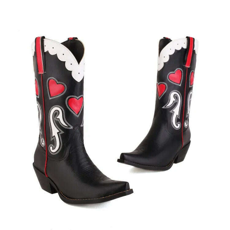 KIMLUD, Embroidered Western Boots For Women Heart Shaped Fashion Cowboy Cowgirl Boots Handmake Retro Vintage Shoes 2022 Winter Autumn, Style 3 / 5, KIMLUD Womens Clothes