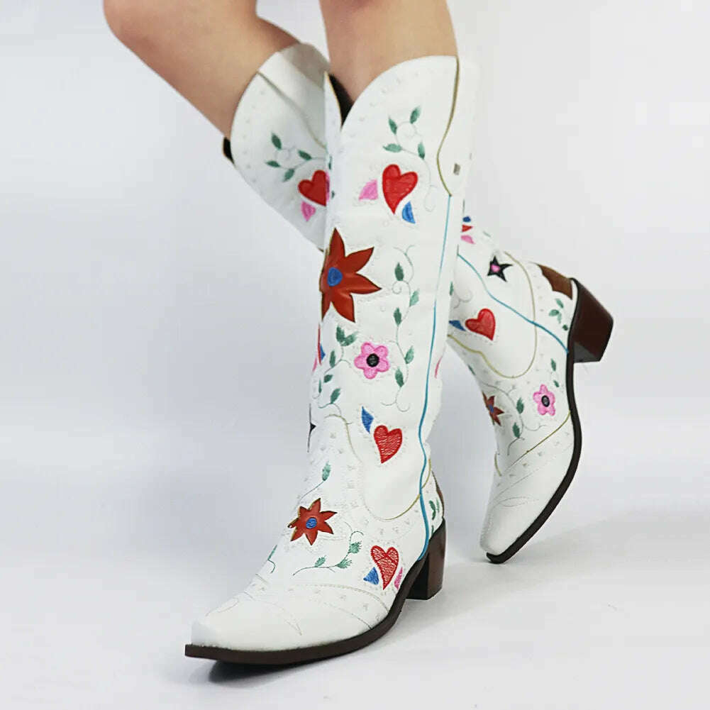 KIMLUD, Embroidered Western Boots For Women Heart Shaped Fashion Cowboy Cowgirl Boots Handmake Retro Vintage Shoes 2022 Winter Autumn, Style 6 White / 5, KIMLUD Womens Clothes