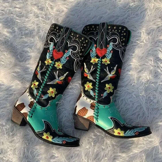 KIMLUD, Embroidered Western Boots For Women Heart Shaped Fashion Cowboy Cowgirl Boots Handmake Retro Vintage Shoes 2022 Winter Autumn, Style 5 / 5, KIMLUD Womens Clothes