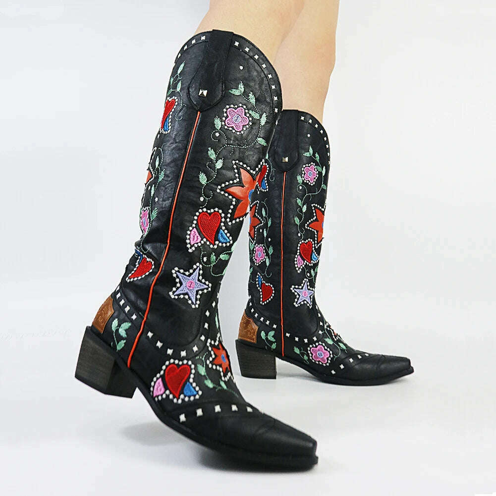 KIMLUD, Embroidered Western Boots For Women Heart Shaped Fashion Cowboy Cowgirl Boots Handmake Retro Vintage Shoes 2022 Winter Autumn, Style 6 Black / 5, KIMLUD Womens Clothes