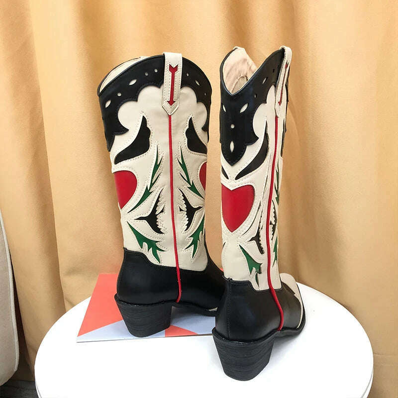 KIMLUD, Embroidered Western Boots For Women Heart Shaped Fashion Cowboy Cowgirl Boots Handmake Retro Vintage Shoes 2022 Winter Autumn, KIMLUD Womens Clothes