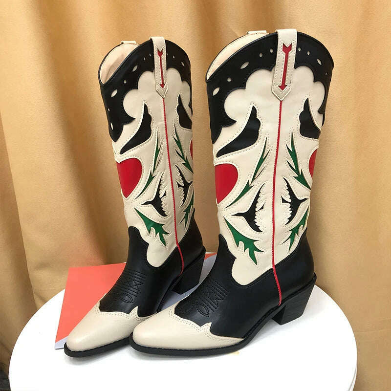 KIMLUD, Embroidered Western Boots For Women Heart Shaped Fashion Cowboy Cowgirl Boots Handmake Retro Vintage Shoes 2022 Winter Autumn, KIMLUD Womens Clothes