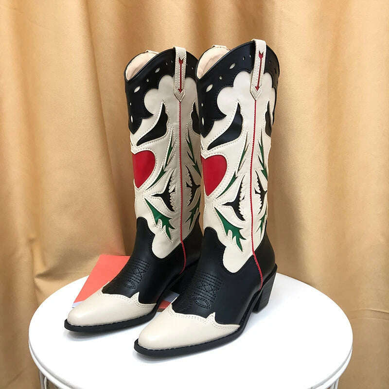 KIMLUD, Embroidered Western Boots For Women Heart Shaped Fashion Cowboy Cowgirl Boots Handmake Retro Vintage Shoes 2022 Winter Autumn, KIMLUD Womens Clothes