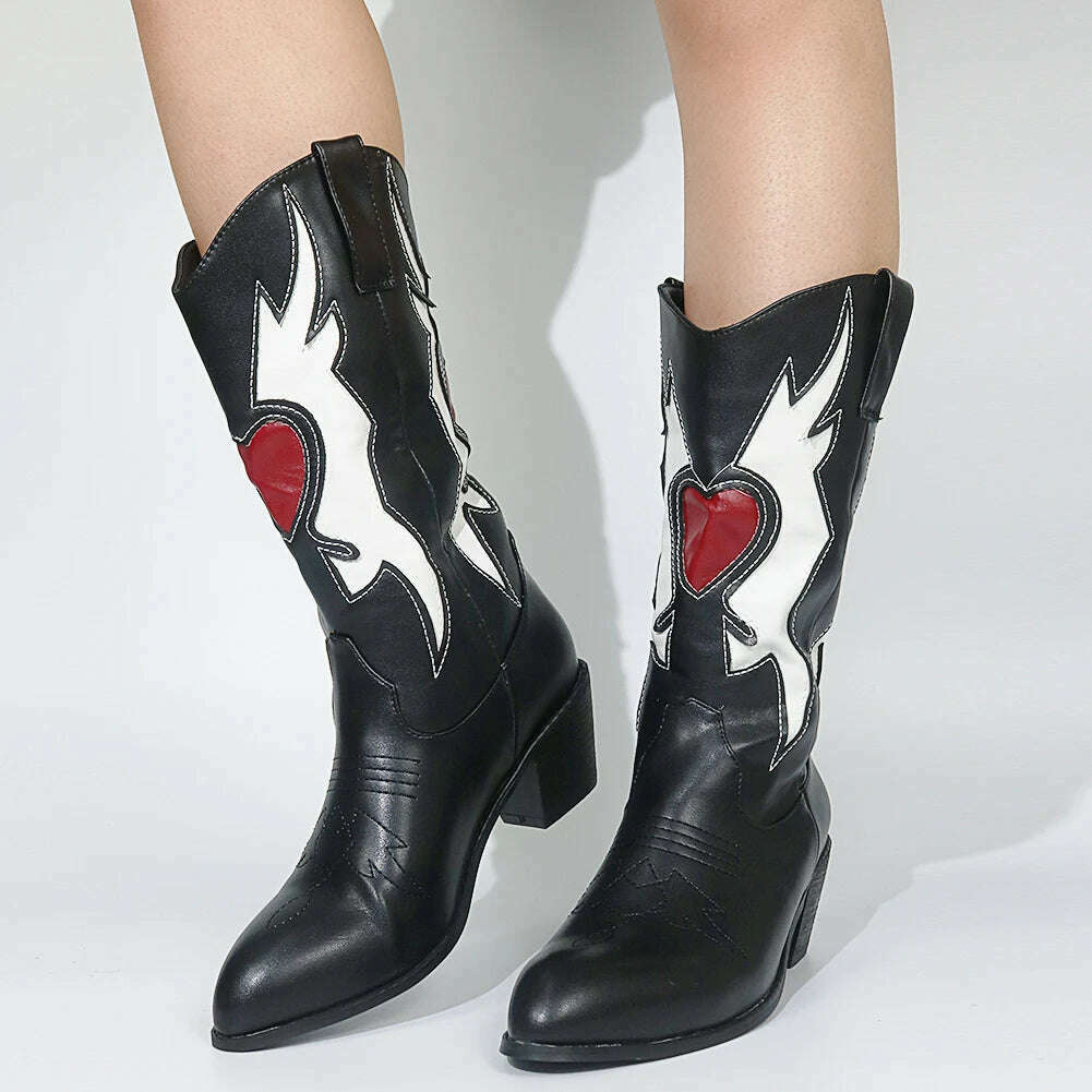 KIMLUD, Embroidered Western Boots For Women Heart Shaped Fashion Cowboy Cowgirl Boots Handmake Retro Vintage Shoes 2022 Winter Autumn, KIMLUD Womens Clothes