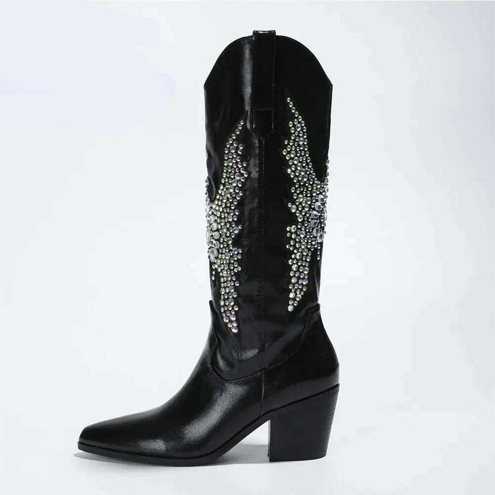 KIMLUD, Embroidery Western Cowgirl Boots Fashion 2023 Europe Style Vintage Bling Diamond Black Cowboy Boots Thick Heels Mid Calf Boots, KIMLUD Womens ClothesKIMLUD, Embroidery Western Cowgirl Boots Fashion 2023 Europe Style Vintage Bling Diamond Black Cowboy Boots Thick Heels Mid Calf Boots, black style 1 / 5, KIMLUD APPAREL - Womens Clothes