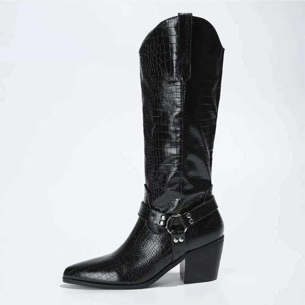 KIMLUD, Embroidery Western Cowgirl Boots Fashion 2023 Europe Style Vintage Bling Diamond Black Cowboy Boots Thick Heels Mid Calf Boots, KIMLUD Womens ClothesKIMLUD, Embroidery Western Cowgirl Boots Fashion 2023 Europe Style Vintage Bling Diamond Black Cowboy Boots Thick Heels Mid Calf Boots, black style 2 / 5, KIMLUD APPAREL - Womens Clothes