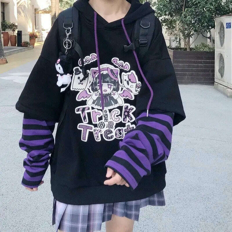 KIMLUD, Emo Sweatshirt Hoodie Women Cartoon Goth Aesthetic Hooded Sweatshirt Teen Spring Fairy Grunge Striped Y2k Clothes Egirl Alt Top, KIMLUD Women's Clothes