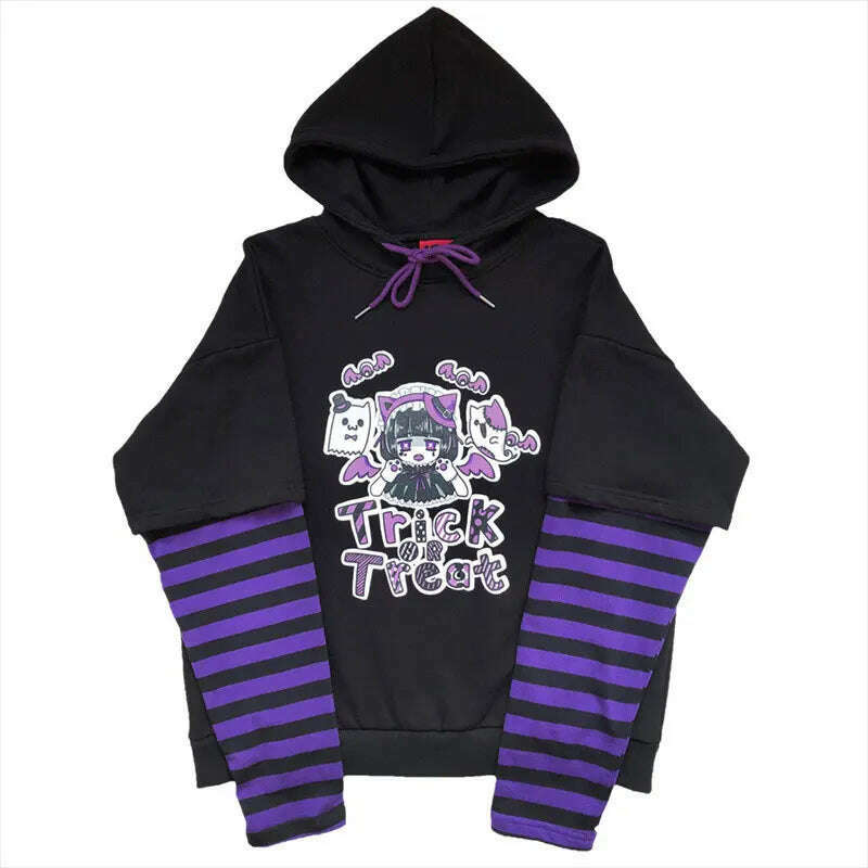 KIMLUD, Emo Sweatshirt Hoodie Women Cartoon Goth Aesthetic Hooded Sweatshirt Teen Spring Fairy Grunge Striped Y2k Clothes Egirl Alt Top, Purple / S, KIMLUD Womens Clothes