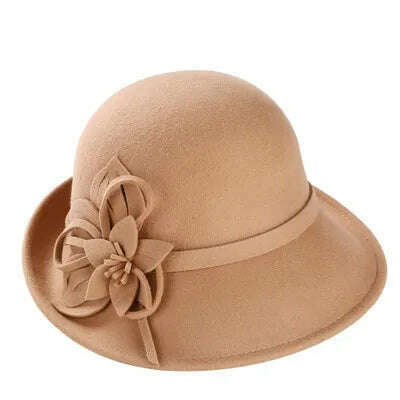 KIMLUD, England Style Ladies Wool Fedoras Hats Black White Flower Wool felt Hat Fashion Women Church maison michel Cloche Hat Cap, 3, KIMLUD APPAREL - Womens Clothes