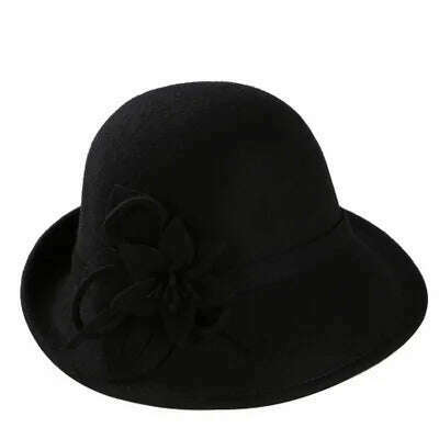 KIMLUD, England Style Ladies Wool Fedoras Hats Black White Flower Wool felt Hat Fashion Women Church maison michel Cloche Hat Cap, 1, KIMLUD APPAREL - Womens Clothes