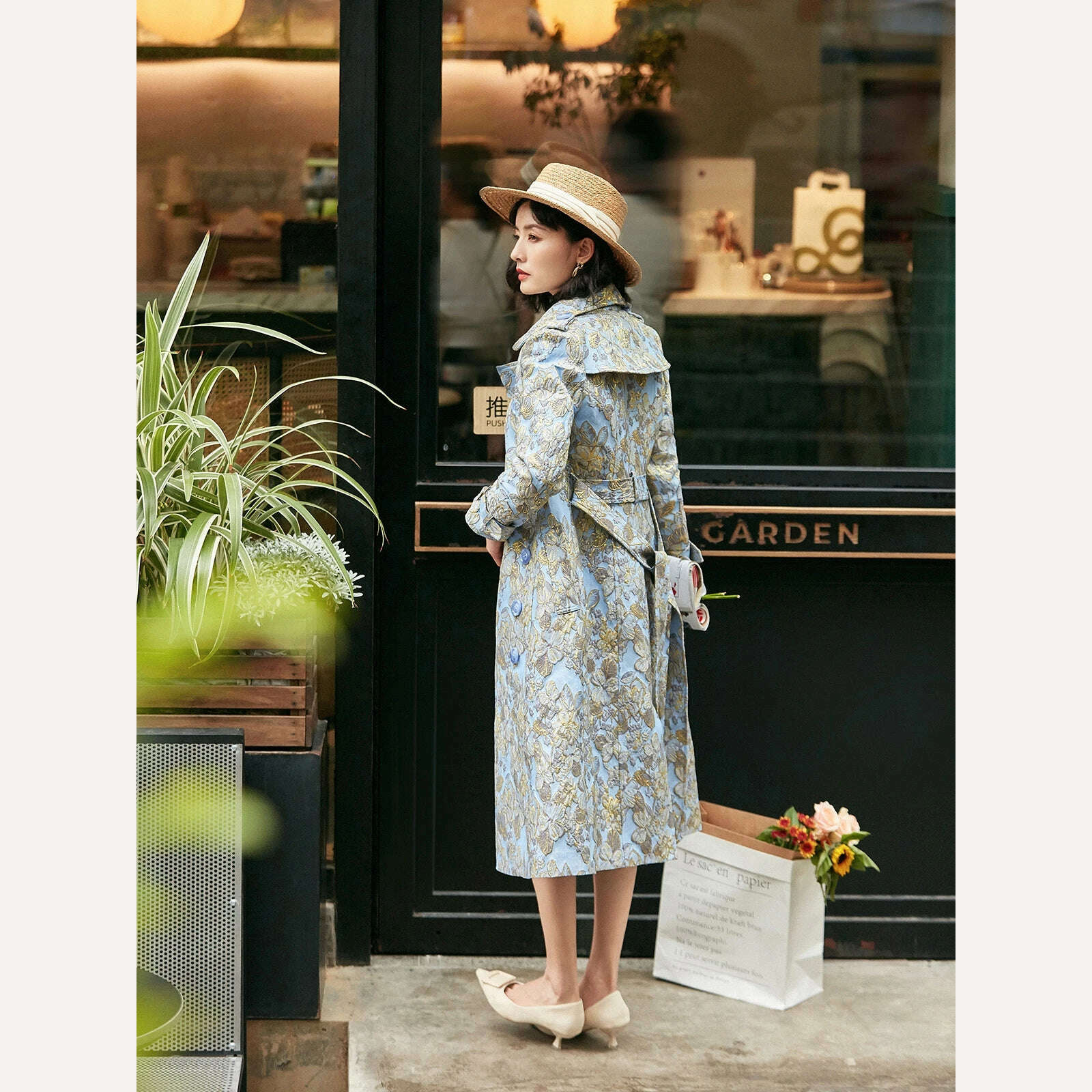 England Style Trench Women Jacquard Coat Winter Double Breasted Long Coat Luxury Jacket Oversized Overcoat Turn-down Collar - KIMLUD