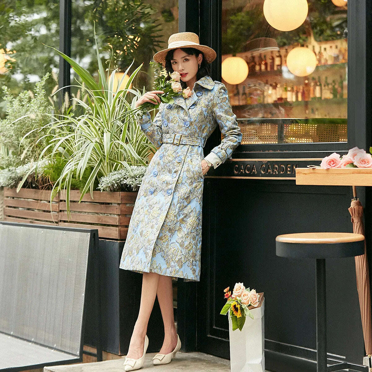 England Style Trench Women Jacquard Coat Winter Double Breasted Long Coat Luxury Jacket Oversized Overcoat Turn-down Collar - KIMLUD