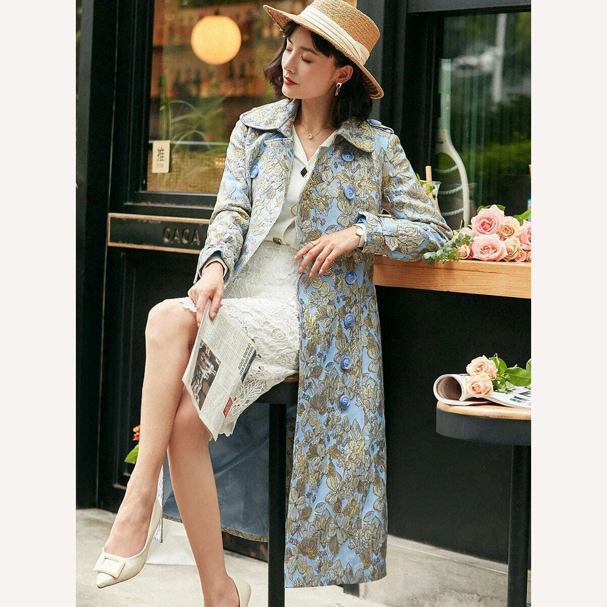 England Style Trench Women Jacquard Coat Winter Double Breasted Long Coat Luxury Jacket Oversized Overcoat Turn-down Collar - KIMLUD