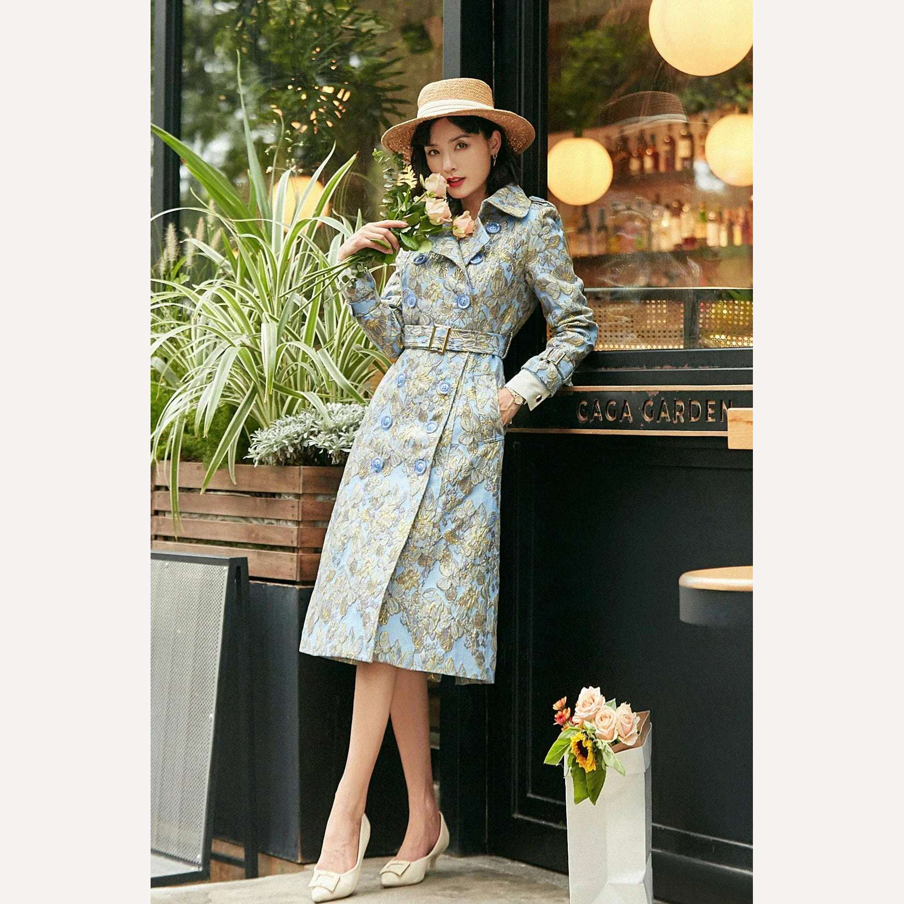 England Style Trench Women Jacquard Coat Winter Double Breasted Long Coat Luxury Jacket Oversized Overcoat Turn-down Collar - KIMLUD