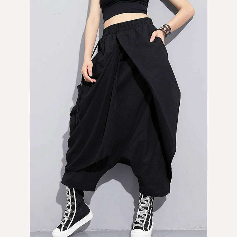 KIMLUD, Eshin High Elastic Waist Black Irregular Long Harem Pants New Loose Fit Trousers Women Fashion Elegant Autumn Autumn 2023 TH496, KIMLUD Womens Clothes