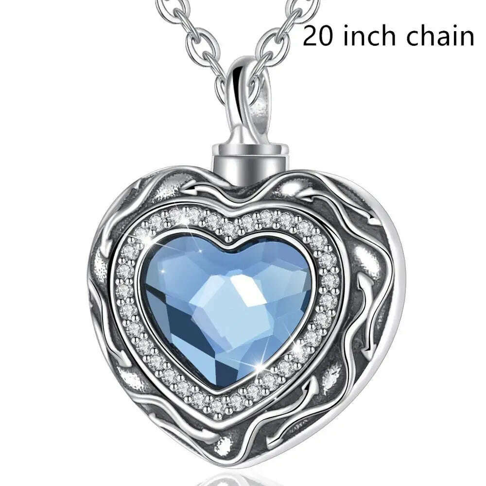 Eudora Sterling Silver Heart Locket Heart cremation memorial ashes urn Blue Crystal birthstone necklace jewelry keepsake CYG004 - KIMLUD