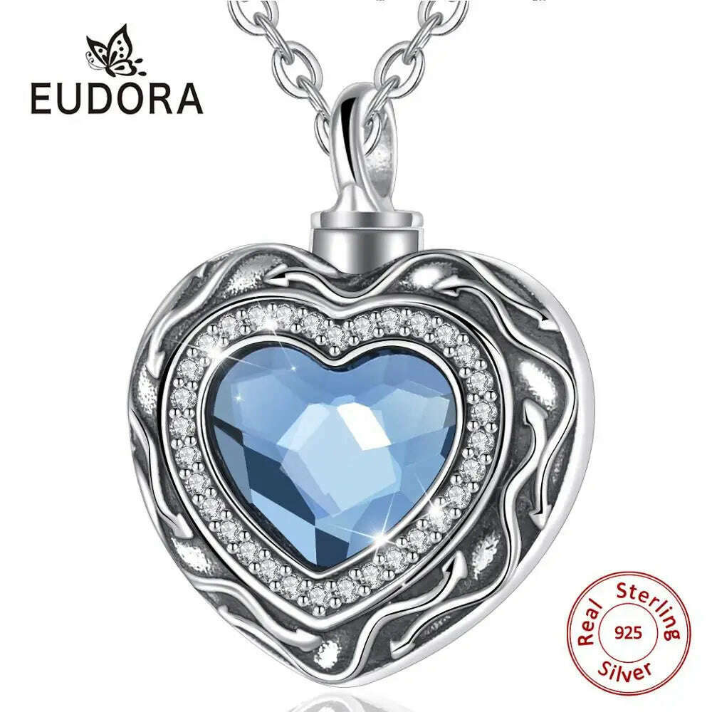 Eudora Sterling Silver Heart Locket Heart cremation memorial ashes urn Blue Crystal birthstone necklace jewelry keepsake CYG004 - KIMLUD