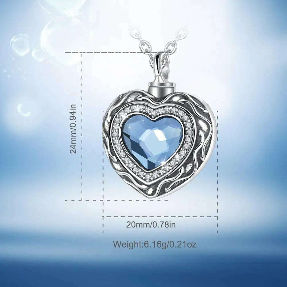 Eudora Sterling Silver Heart Locket Heart cremation memorial ashes urn Blue Crystal birthstone necklace jewelry keepsake CYG004 - KIMLUD