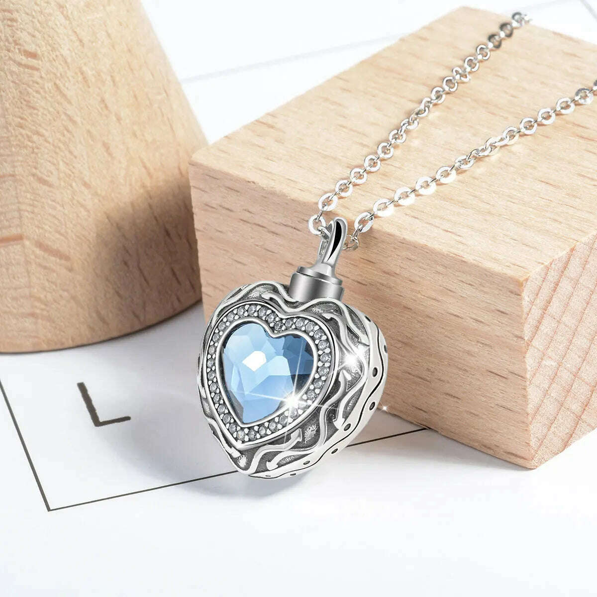 Eudora Sterling Silver Heart Locket Heart cremation memorial ashes urn Blue Crystal birthstone necklace jewelry keepsake CYG004 - KIMLUD