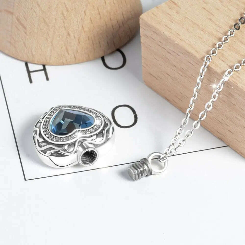 Eudora Sterling Silver Heart Locket Heart cremation memorial ashes urn Blue Crystal birthstone necklace jewelry keepsake CYG004 - KIMLUD