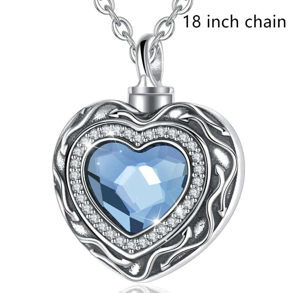 Eudora Sterling Silver Heart Locket Heart cremation memorial ashes urn Blue Crystal birthstone necklace jewelry keepsake CYG004 - KIMLUD