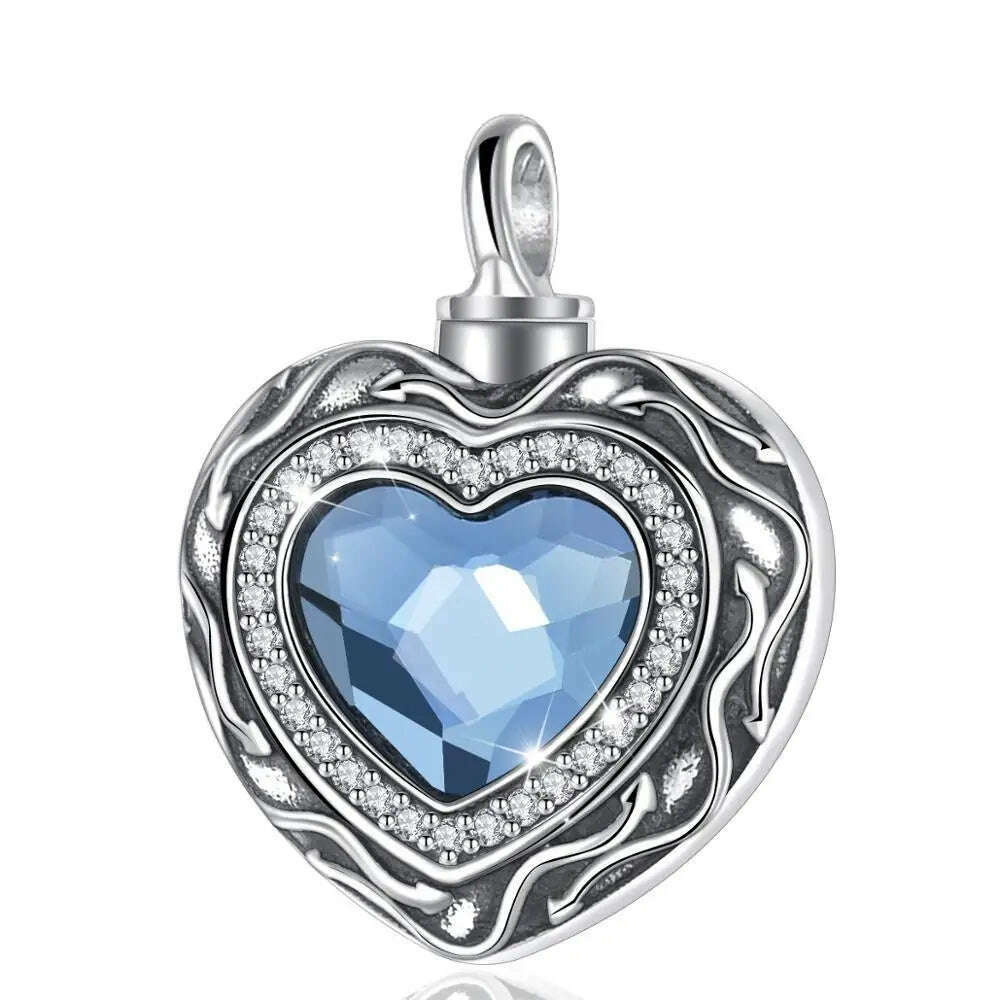 Eudora Sterling Silver Heart Locket Heart cremation memorial ashes urn Blue Crystal birthstone necklace jewelry keepsake CYG004 - KIMLUD
