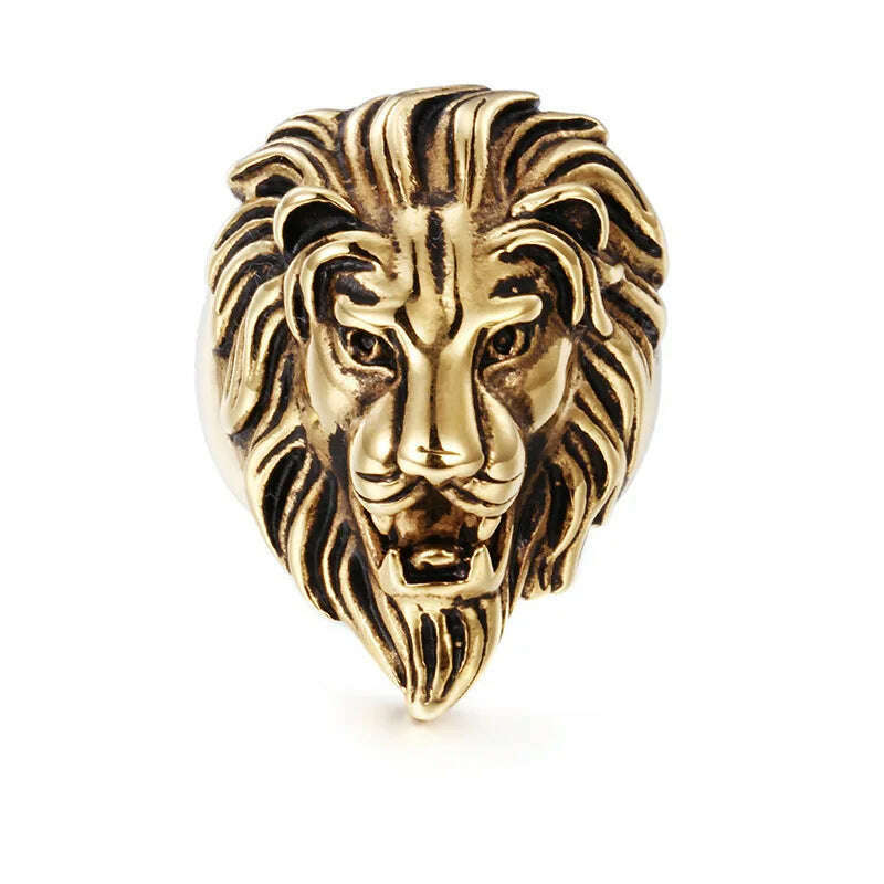 KIMLUD, Europe And the United States Stainless Steel Ring men 's Jewelry Wholesale Domineering Lion Head, Gold Black / 13, KIMLUD APPAREL - Womens Clothes