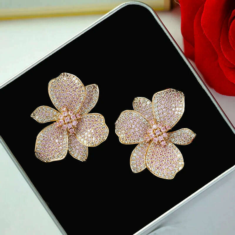 KIMLUD, Europe hot fashion jewelry 18K gold plated copper zircon exaggerated flower earrings luxury women's wedding party accessories, KIMLUD Womens Clothes