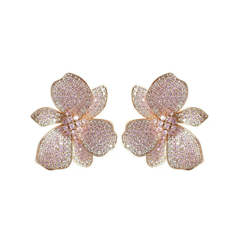 KIMLUD, Europe hot fashion jewelry 18K gold plated copper zircon exaggerated flower earrings luxury women's wedding party accessories, KIMLUD Womens Clothes