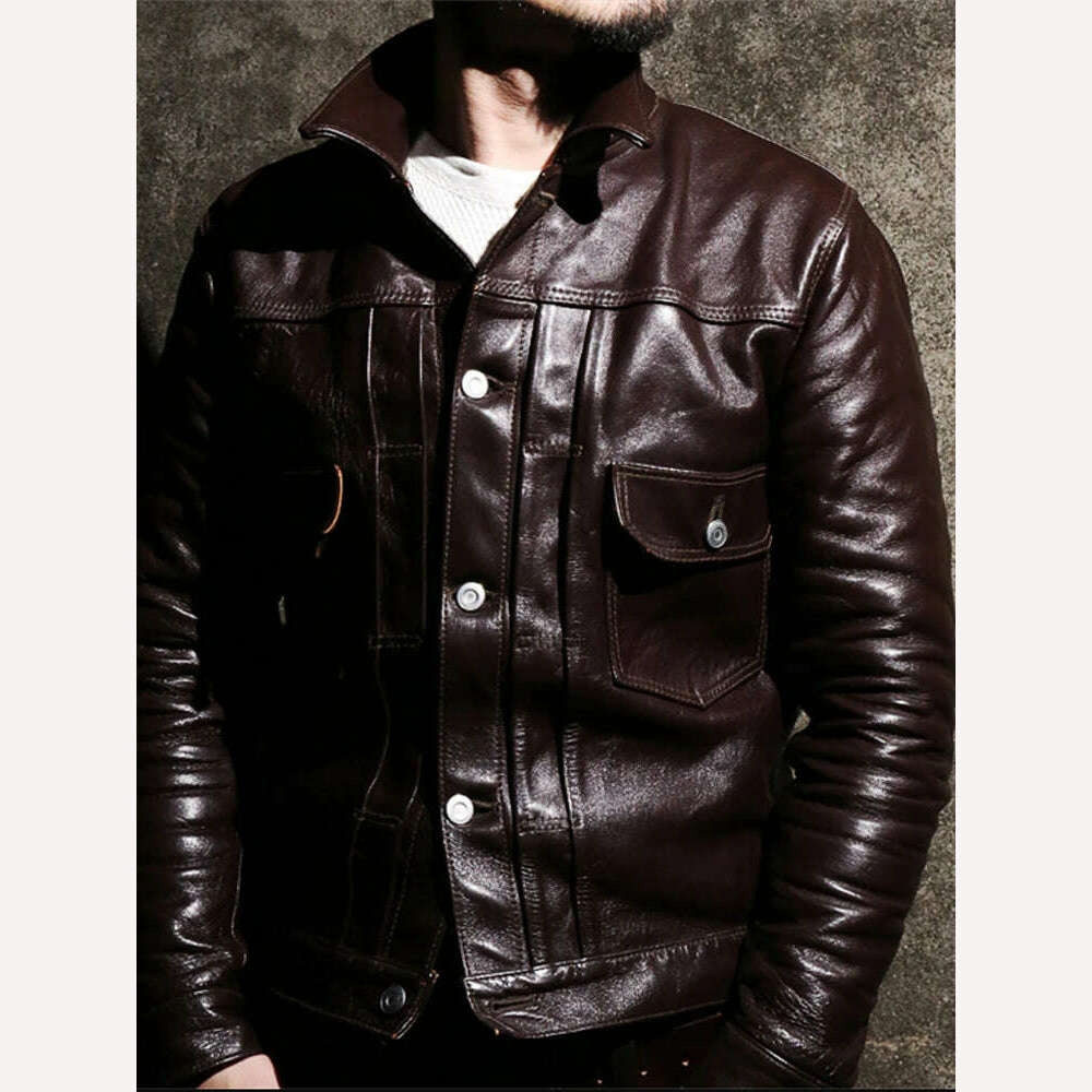 KIMLUD, Europe Italy vintage men top quality genuine cow leather coat male cowboy motor biker short jacket brown plus size xxxl 2xl 3xl, KIMLUD Womens Clothes