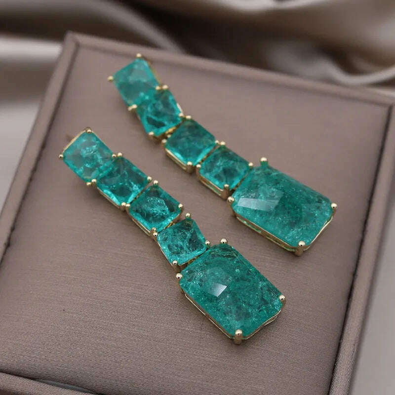KIMLUD, European American New Design Fashion Jewelry Long Square Green Cracked Zircon Earrings Luxury Women's Wedding Party Accessories, KIMLUD Womens Clothes