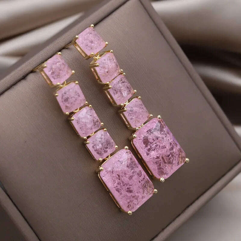 KIMLUD, European American New Design Fashion Jewelry Long Square Green Cracked Zircon Earrings Luxury Women's Wedding Party Accessories, KIMLUD Womens Clothes